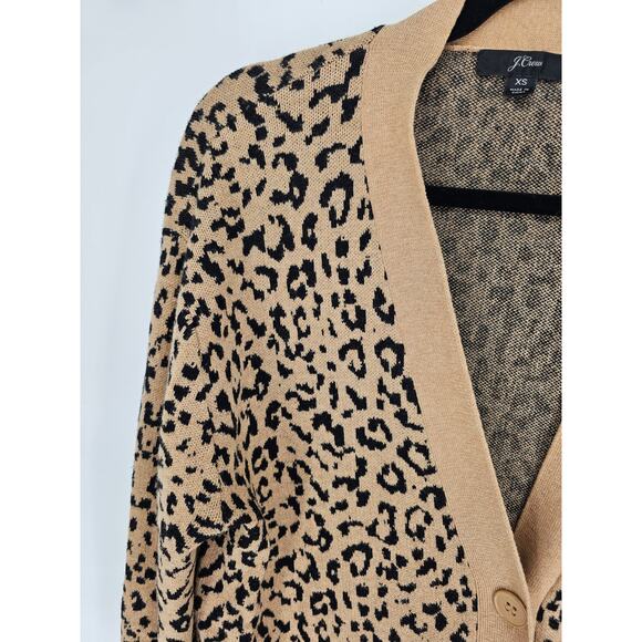 J Crew Womens Sz XS Hip Length Cardigan Sweater Black Tan Leopard Print - Picture 2 of 5